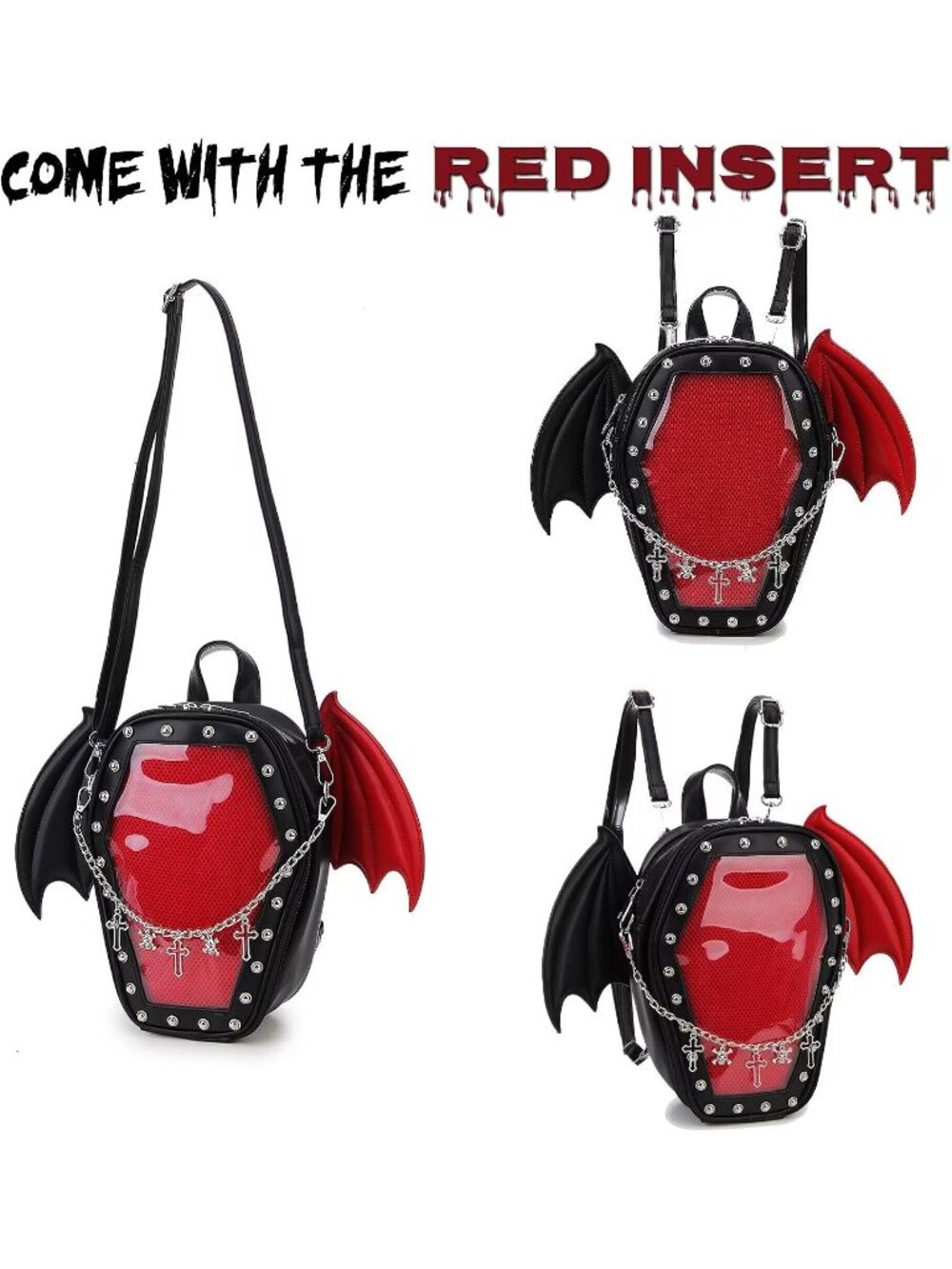 Women’s Black Red Wing Gothic Coffin Purse Halloween PIN Imported Backpack Bag - Picture 6 of 7